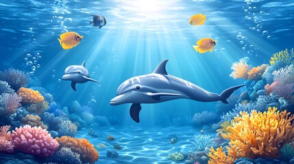 Wall Mural - underwater scene with fishes and dolphine