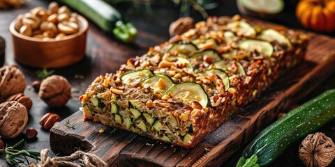 Poster - Sliced zucchini and nuts cake on a wooden board