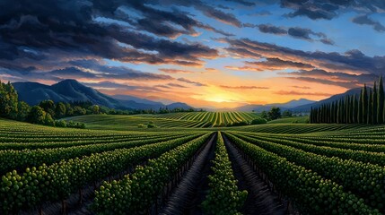 Wall Mural - Watercolor depiction of a serene countryside vineyard during sunset, with rows of grapevines and golden light, high-quality, tranquil beauty, wine country serenity