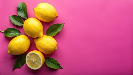 Wall Mural - Ripe juicy lemons and green leaves on vibrant pink background at tilted angle