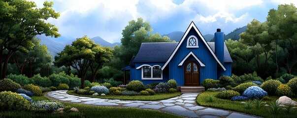 Wall Mural - Watercolor illustration of a charming countryside cottage, high-quality, rustic charm, idyllic retreat