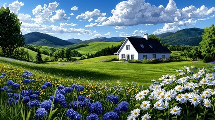 Wall Mural - Watercolor illustration of a peaceful countryside farmhouse surrounded by rolling hills and blooming wildflowers, high-quality, inviting charm, rural tranquility