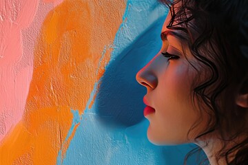 Sticker - Close-up Profile of Woman with Red Lips Against a Colorful Abstract Background