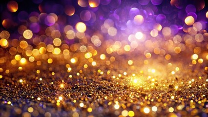 Wall Mural - Low angle abstract background with gold and purple glitter bokeh and confetti highlights