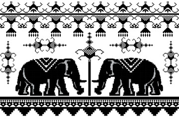 Black Thai elephant border, ethnic pixel pattern, ornament, Thai traditional style, illustration design for background,carpet,wrapping, textile, silk, fabric,trousers.