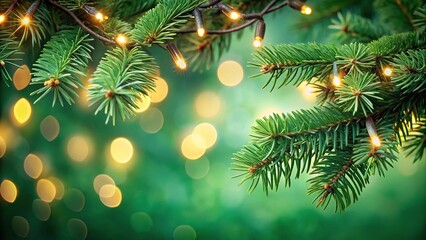 Christmas tree branch with garland in front of green background with shallow depth of field