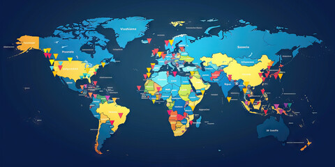  Social Media Engagement Map: A world map with colored pins indicating the number of social media followers from each country, in vibrant hues of blue, yellow, and red.