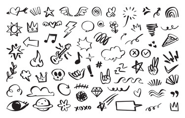 hand drawn doodles featuring various icons like hearts, stars, and musical notes. vector cartoon ill