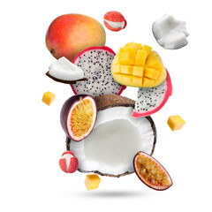 Wall Mural - Coconut, dragonfruit, mango, lychees and maracuja falling on white background. Tropical fruits