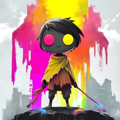 Sticker - Colorful Character with Paintbrushes in a Digital Art Style.