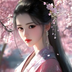 Canvas Print - Beautiful Asian Woman with Pink Flowers in Her Hair.