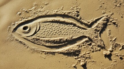 A fish symbol drawn in the sand on a beach, representing early Christian symbolism and faith in everyday life.