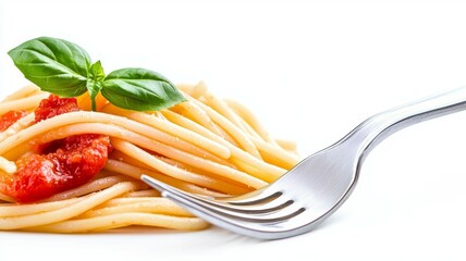 Wall Mural - A fork with a plate of spaghetti and a leaf of basil on top