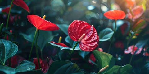 Wall Mural - Vibrant young anthurium leaves adorned with red blooms in a garden photographed at dawn.