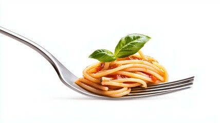 A fork with a piece of spaghetti and a leaf of basil on it