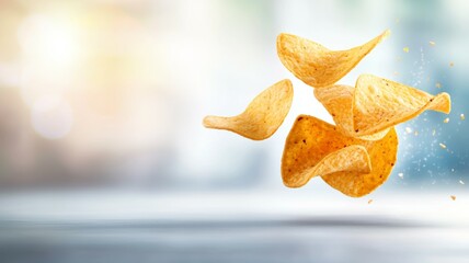 Wall Mural - A close up of a bag of chips with the chips flying out of the bag