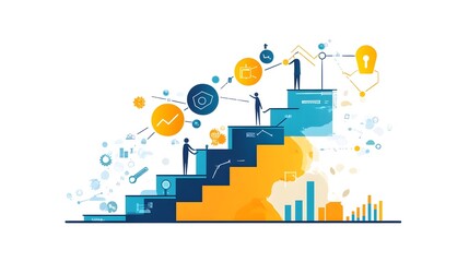 Poster - Flat image of an infographic representing a staircase progression of tasks goals and milestones for business and career development  Simple minimalist design with clean geometric shapes and steps