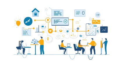 Poster - Detailed infographic illustrating the Agile project management methodology highlighting the key elements of iterative workflow for efficient software development and business strategy