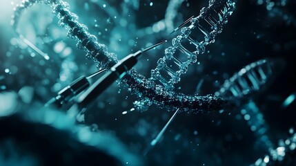 Poster - A photograph showcasing the intricate manipulation of DNA strands using advanced nanotechnology tools in a high tech scientific laboratory setting