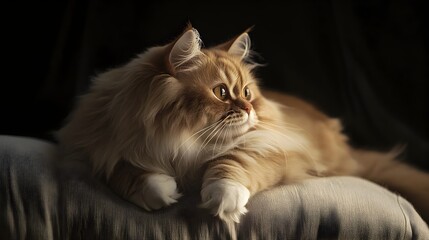 A beautiful Persian cat sitting elegantly and calmly on a soft plush cushion showcasing its regal and graceful nature in a cozy indoor setting