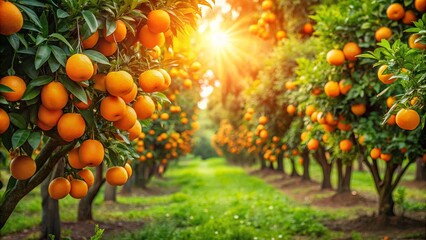 Vibrant orange grove with ripe oranges hanging from trees under the sun