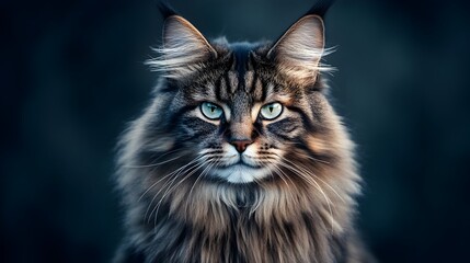 Stunning close up portrait of a majestic Maine Coon cat with a luxurious mane gazing directly into the with a proud and regal presence  The feline s piercing eyes whiskers