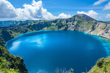 Canvas Print - Tranquil Scene of a Dormant Volcano with a Serene Crater Lake