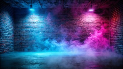 Wall Mural - Empty room with brick wall, concrete floor, smoke fog, and neon light casting an atmospheric glow