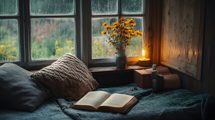 Warm cozy nook by window rustic vintage style soft light on rainy day