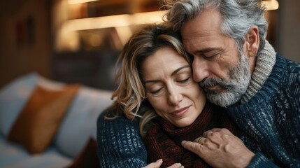 Wall Mural - Old husband comforting wife due to her loss. Funeral support and grief concept with a comforting husband. Human connection and love concept.