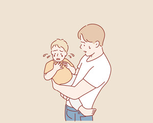 family, parenthood and people concept - father with crying little baby at home. Hand drawn style vector design illustrations.