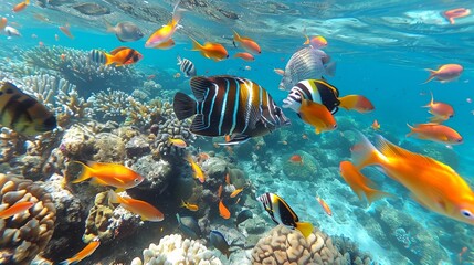 Vibrant coral reef teeming with diverse marine life and colorful corals in crystal clear waters