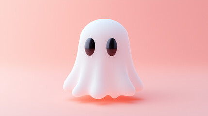 Halloween concept image: a small, simple cartoon ghost with a white sheet-like body and two large, black oval eyes