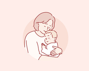  mother hugs her baby. Hand drawn style vector design illustrations.