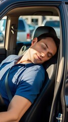 Exhausted and tired truck driver sleeping behind the steering wheel. Fatigue after long night hour shifts that are a part of his routine driving. Unhealthy lifestyle of job with long hours on road (20