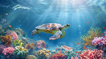 Underwater scene with various types of corals and a majestic sea turtle gliding by