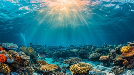 Wall Mural - Stunning coral reef landscape with sun rays penetrating the water and illuminating the scene