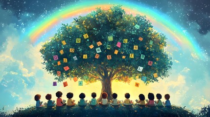 Wall Mural - A bright and cheerful illustration for International Literacy Day, showing a diverse group of children sitting in a circle under a giant tree, each holding a colorful book