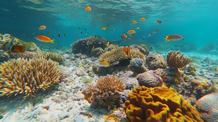 Wall Mural - Colorful coral garden with soft and hard corals, surrounded by small fish and marine plants