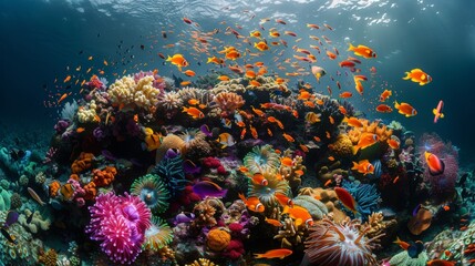 Diverse coral ecosystem featuring sponges, anemones, and vibrant reef fish in a serene underwater setting