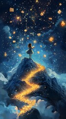 Poster - 
An inspiring International Literacy Day illustration, showing a young girl standing on a mountaintop, holding an open book. The pages of the book glow with light