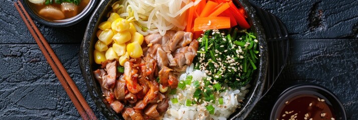 Wall Mural - Korean dish featuring steamed pork intestines, vegetables, rice, and broth.