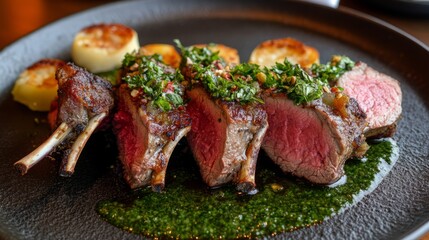 close up of grilled lamb chops with herbs and roasted potatoes on black plate.