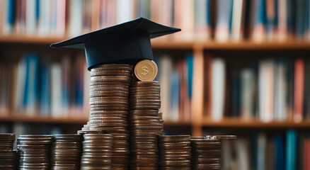 A Stack of Coins with an Upside-Down Graduation Cap on Top, Symbolizing Financial Investment in Education and Academic Achievement, Ideal for Illustrating the Concept of Paying for Education, Financia