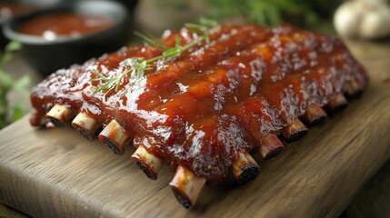 Close-up of a rack of BBQ pork ribs, glazed with a sweet and savory sauce, resting on a wooden cutting board.