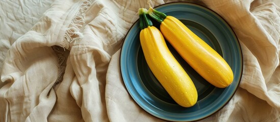 Yellow Zucchini On Blue Plate On Beige Cotton Background Minimalist Food And Vegetable Concept Yellow Vegetable On Linen Fabric Background Natural Fresh Courgette Garden Harvest Kitchen Layout