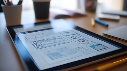 Close-up of a tablet with a hand-drawn website layout on the screen.
