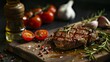 © Arifin Studio - grilled beef fillet steaks with herbs and spices on dark background, Barbecue dry aged wagyu entrecote beef steak with lettuce and tomatoes as top view on an old charred wooden board with copy space l