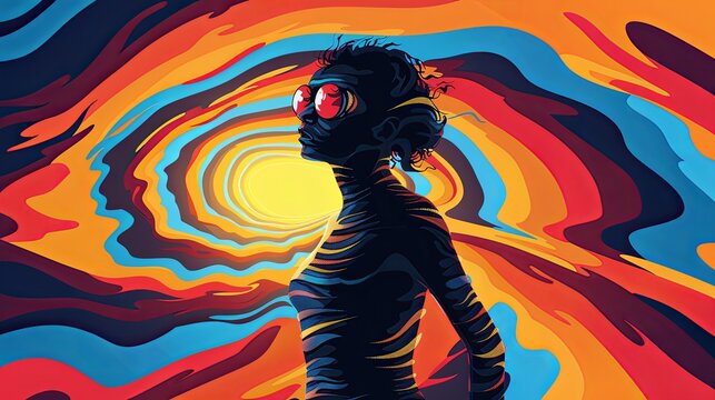 Abstract groovy hippie 70s background. Waves colorful vintage swirl, twirl ,psychedelic, striped pattern illustration design for wallpaper, web, banner and print