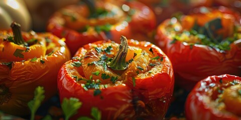 Wall Mural - Close-up view of roasted peppers stuffed with pumpkin, featuring selective focus.